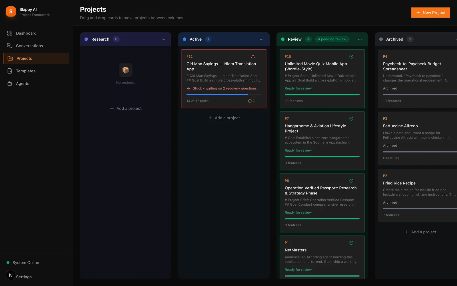 Skippy AI projects board with research, active, review, and archived columns
