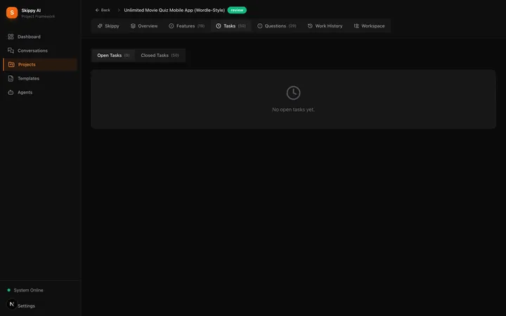 Skippy AI tasks view